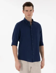NAVY BLUE LINEN SHIRT - Navy